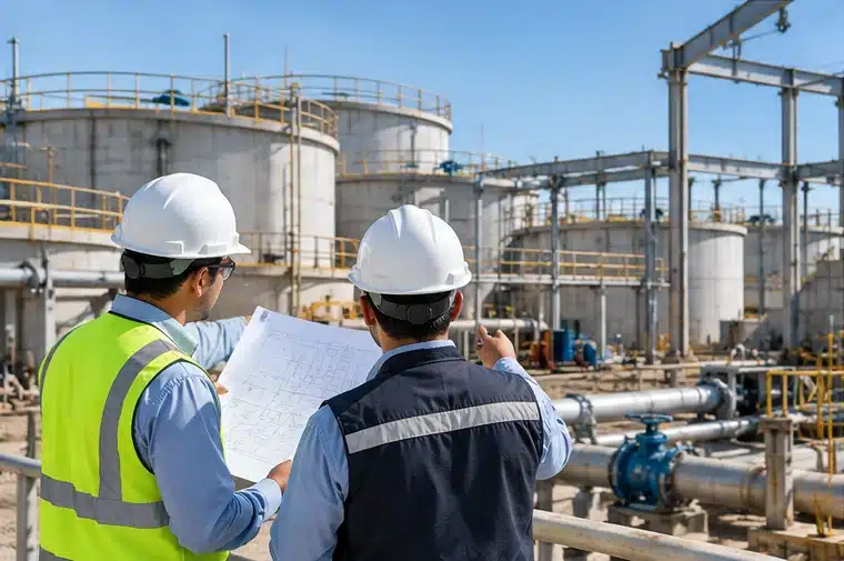 Ingenieros revisando planos durante el diseño y construcción de una planta de tratamiento de aguas residuales
