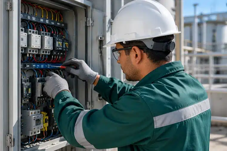 Técnico realizando mantenimiento en equipos de una planta de tratamiento de aguas residuales