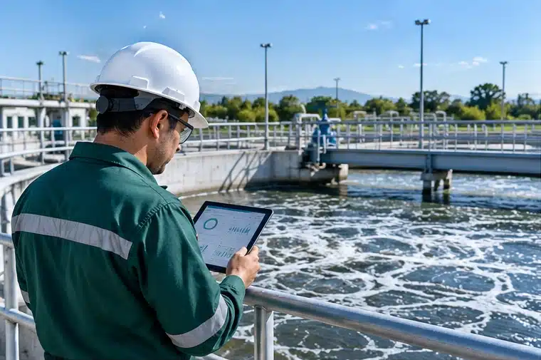 Técnico supervisando la operación de una planta de tratamiento de aguas residuales