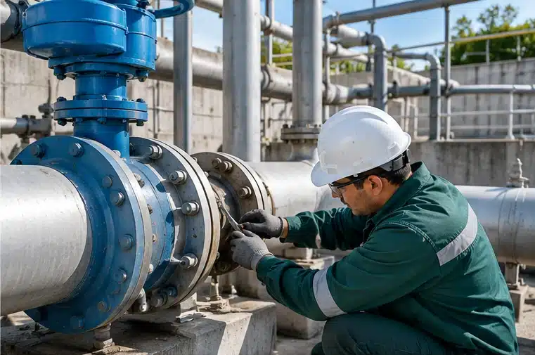 Técnico realizando rehabilitación de equipos en una planta de tratamiento de aguas residuales