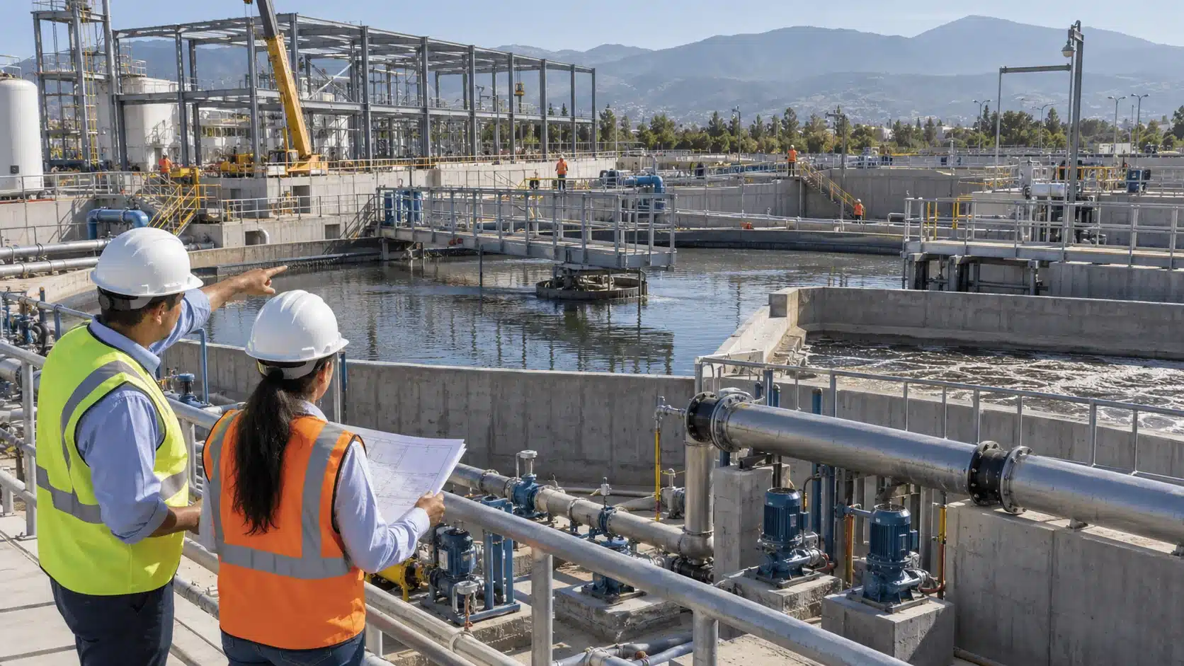 Ingenieros revisando planos en una planta de tratamiento de aguas residuales en construcción