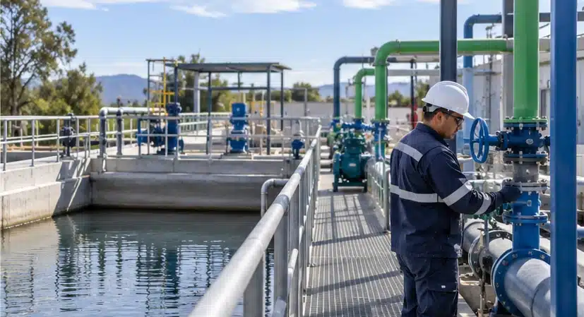 Operador supervisando equipos en una planta de tratamiento de aguas residuales