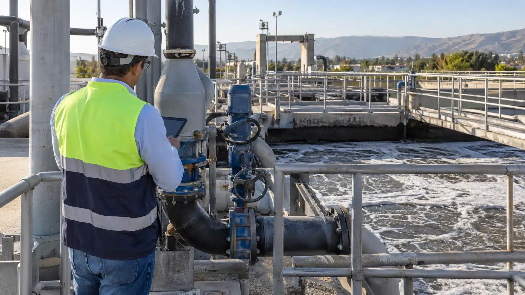 Técnico inspeccionando equipos y tuberías de una planta de tratamiento de aguas residuales
